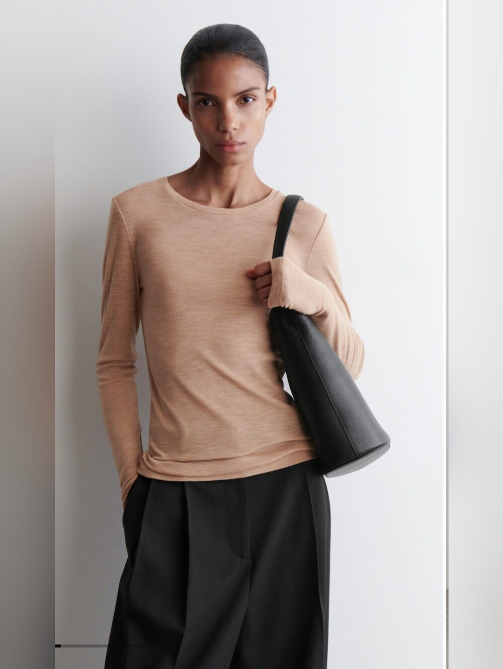 COS Marino Wool Long-Sleeve Crewneck Top in Light Beige